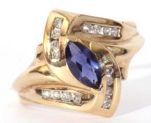 Modern 9K stamped blue and white stone dress ring, size P