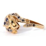 Modern sapphire and diamond panther ring with small sapphires and diamonds forming the panther's