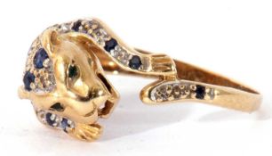 Modern sapphire and diamond panther ring with small sapphires and diamonds forming the panther's