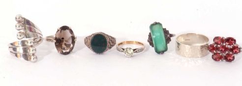 Mixed Lot: six white metal rings together with an Art Deco style green and glass marcasite ring