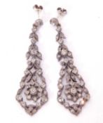 Pair of vintage long paste set drop earrings, 60mm long, post fittings