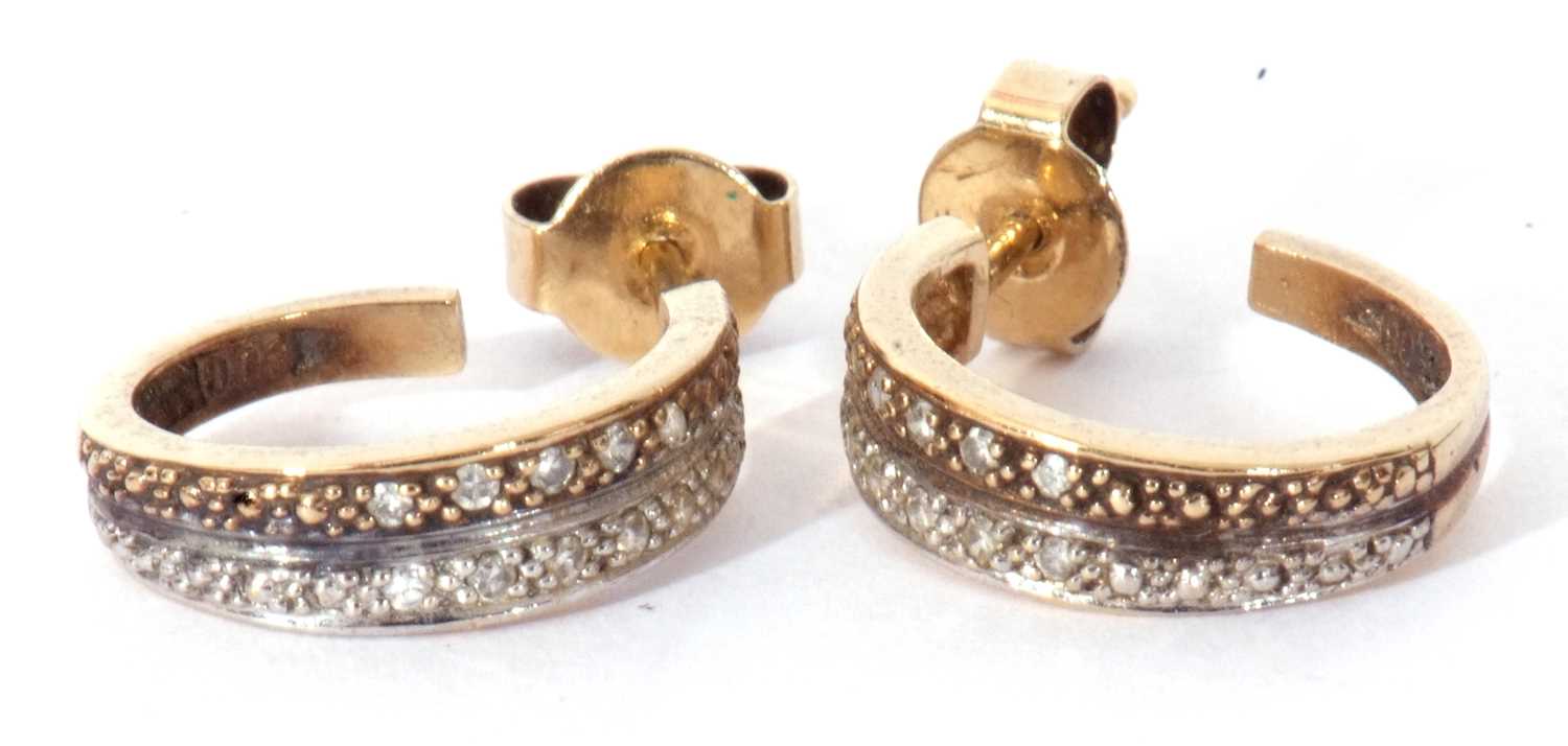 Pair of yellow metal and small diamond set half hoop earrings, a design featuring two bands of small - Image 5 of 5