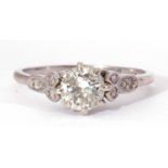 Precious metal single stone diamond ring featuring a round brilliant cut diamond, multi-claw set and