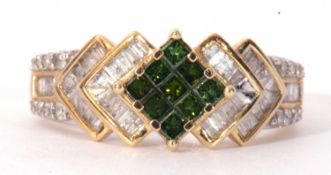 Modern 9ct gold, diamond and green stone ring centring a panel of nine small green stones and raised