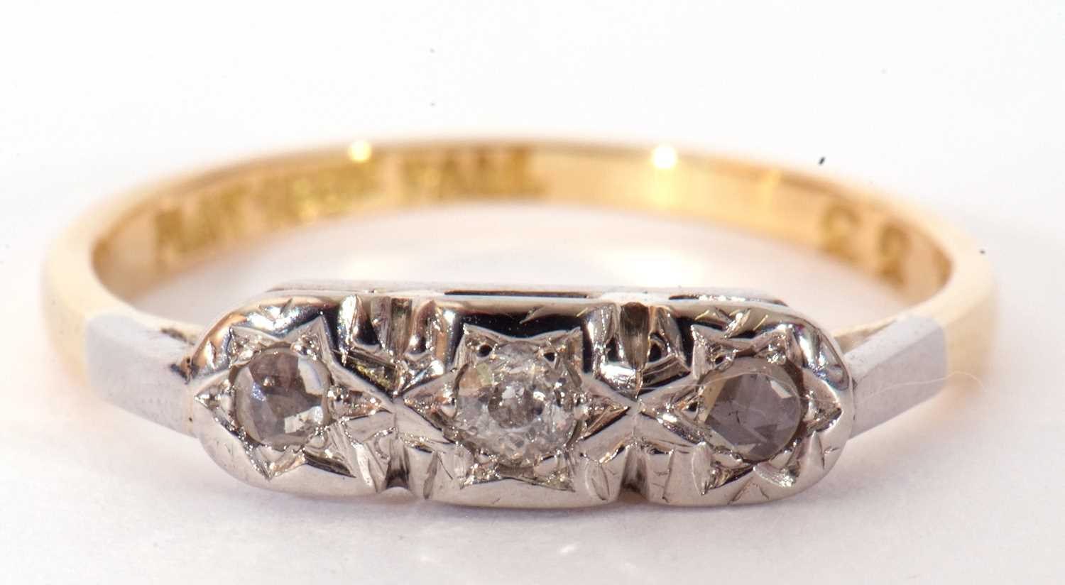 Three stone diamond ring, illusion set with three small mixed cut diamonds, stamped 18ct and Plat, - Image 3 of 10