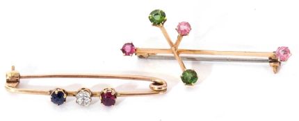 Mixed Lot: sapphire, diamond and ruby pin brooch, each alternate set in coronet settings and