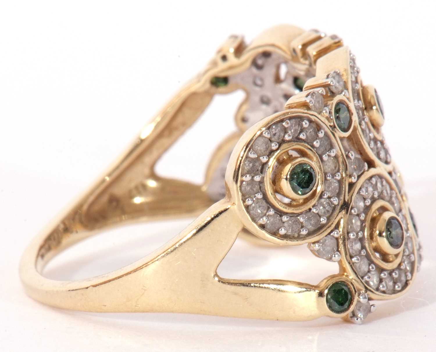 Modern 9ct gold, diamond and green stone set ring, a design featuring six small diamond set discs - Image 6 of 10