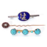 Mixed Lot: an antique gold and diamond garnet set tie pin, a vintage gilt metal turquoise set