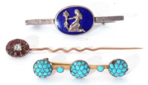 Mixed Lot: an antique gold and diamond garnet set tie pin, a vintage gilt metal turquoise set