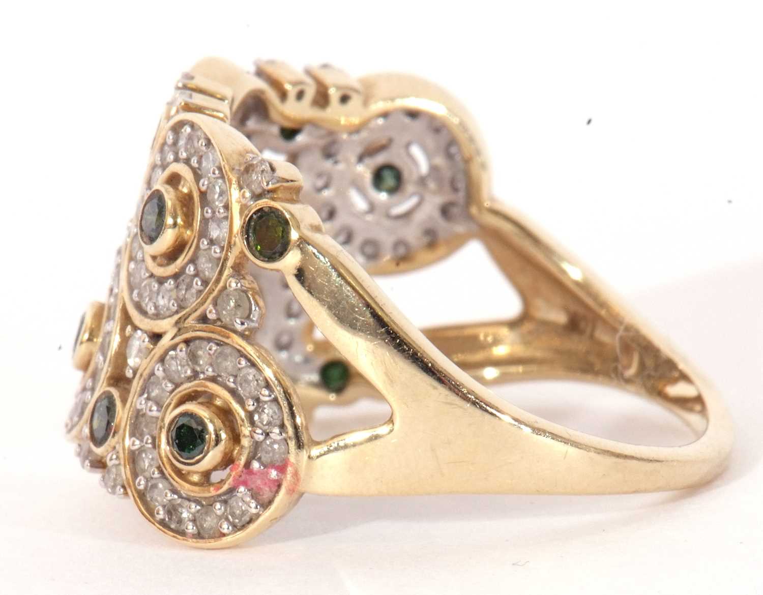 Modern 9ct gold, diamond and green stone set ring, a design featuring six small diamond set discs - Image 3 of 10