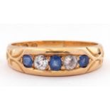 18ct gold sapphire and diamond ring, alternate set with three graduated sapphires and two round