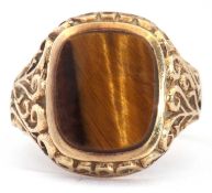 9ct gold cushion cut tiger's eye ring, 14 x 10mm, bezel set between carved scroll shoulders, size W,