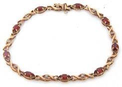 Modern 9ct gold and garnet small diamond line bracelet, alternate set with nine small oval cut