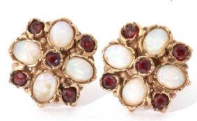Pair of 9ct gold, opal and garnet cluster earrings, 12mm diam, post fittings, hallmarked for 9ct