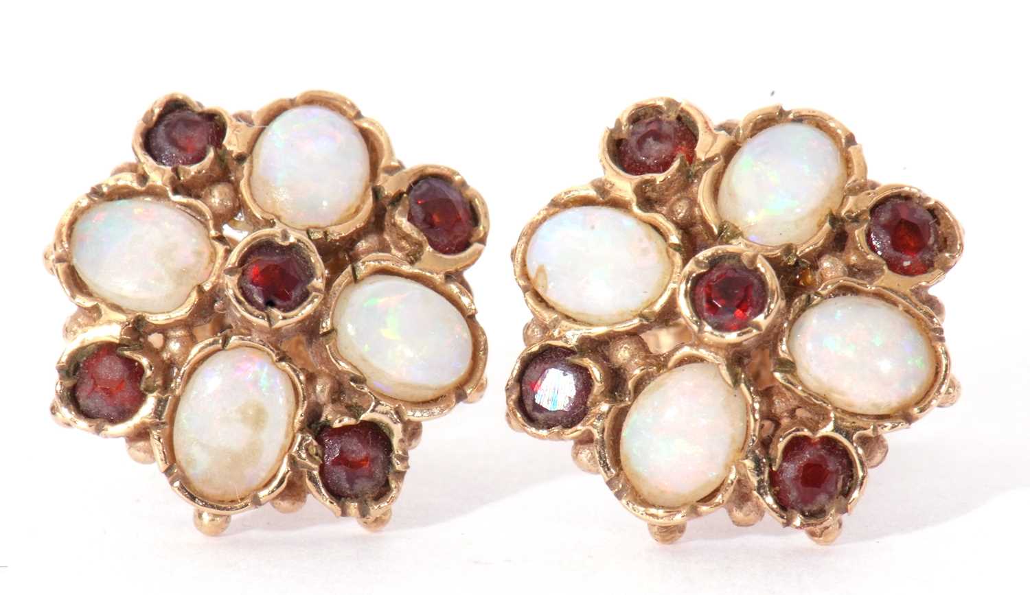 Pair of 9ct gold, opal and garnet cluster earrings, 12mm diam, post fittings, hallmarked for 9ct - Image 2 of 3