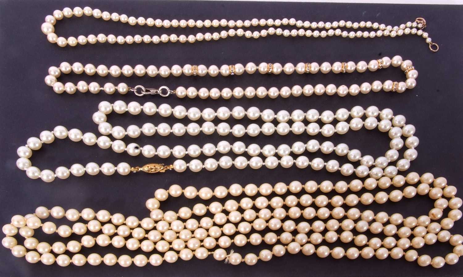Mixed Lot: single row of small cultured pearl bead necklace, graduated from 4 to 8mm, two opera - Image 2 of 3