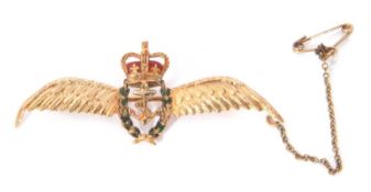 9ct gold Royal Navy Fleet Air Arm sweetheart brooch, the crown enamel laurel wreath with an