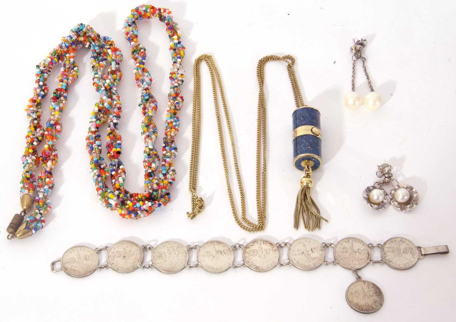 Mixed Lot: a multi-coloured bead necklace, a Gruen pendant watch, a coin bracelet, and two pairs
