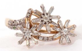 Modern 9ct gold and diamond ring, an unusual design with three rotating flower heads set with