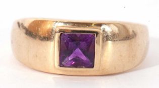 Modern 9ct gold and amethyst ring, the square cut amethyst bezel set and raised upon a plain