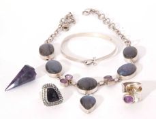 Mixed Lot: two modern white metal dress rings, a 9ct quartz panel necklace, a white metal bracelet