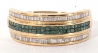 Modern 9ct gold green stone and diamond ring, a design with a central double row of pave set green