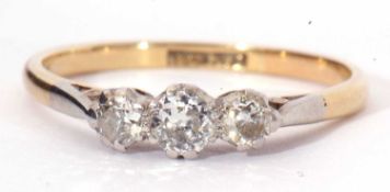 Three stone diamond ring set with three graduated small old cut diamonds, total 0.33ct wt approx,