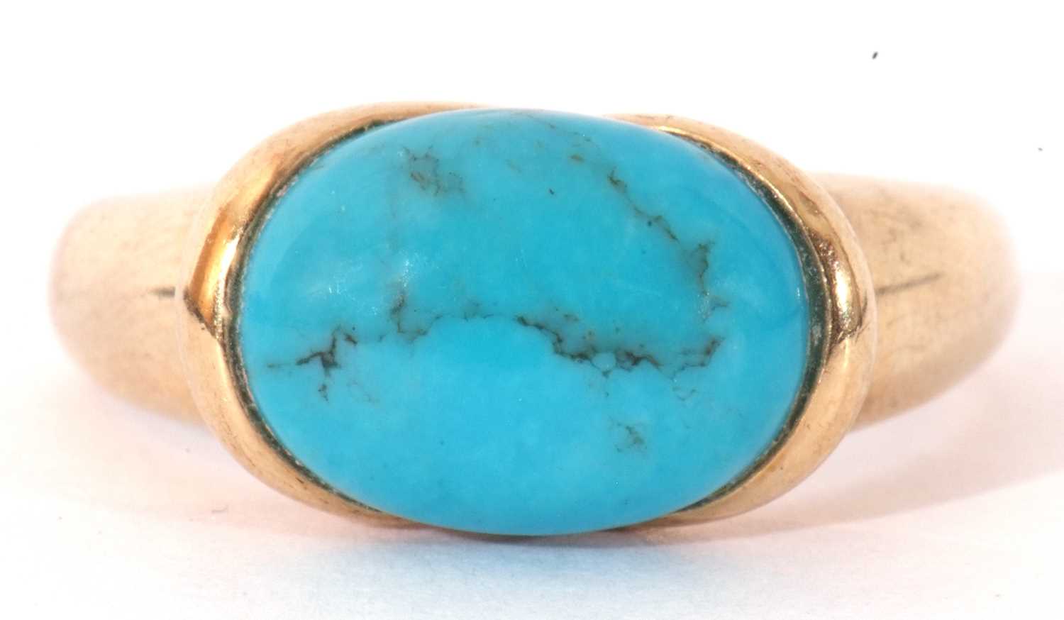 Modern 9ct gold turquoise set dress ring, the cabochon shaped turquoise in rub-over setting - Image 2 of 7