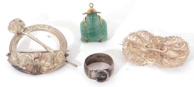 Mixed Lot: filigree brooch, a Scottish brooch (a/f), a metal buckle ring together with a green