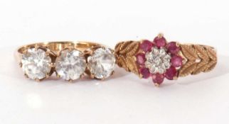 Mixed Lot: 9ct gold, ruby and diamond cluster ring, flower head design centring a small diamond in