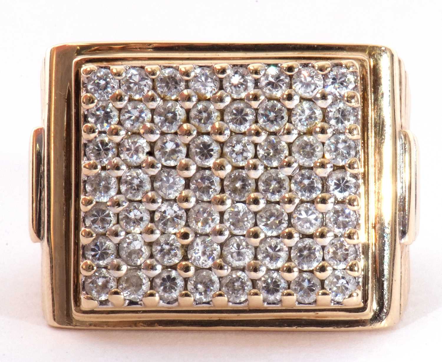 Large 9ct gold cubic zirconia set designer ring, the large panel 2cm x 1.5cm, set throughout with