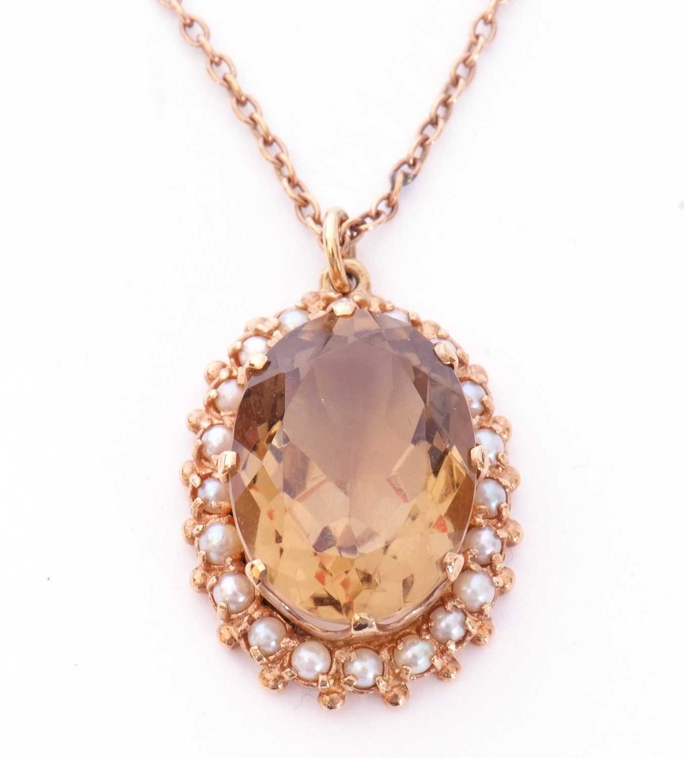 9ct gold citrine and pearl pendant, the large lemon faceted citrine 20 x 14mm, multi-claw set and - Image 5 of 5