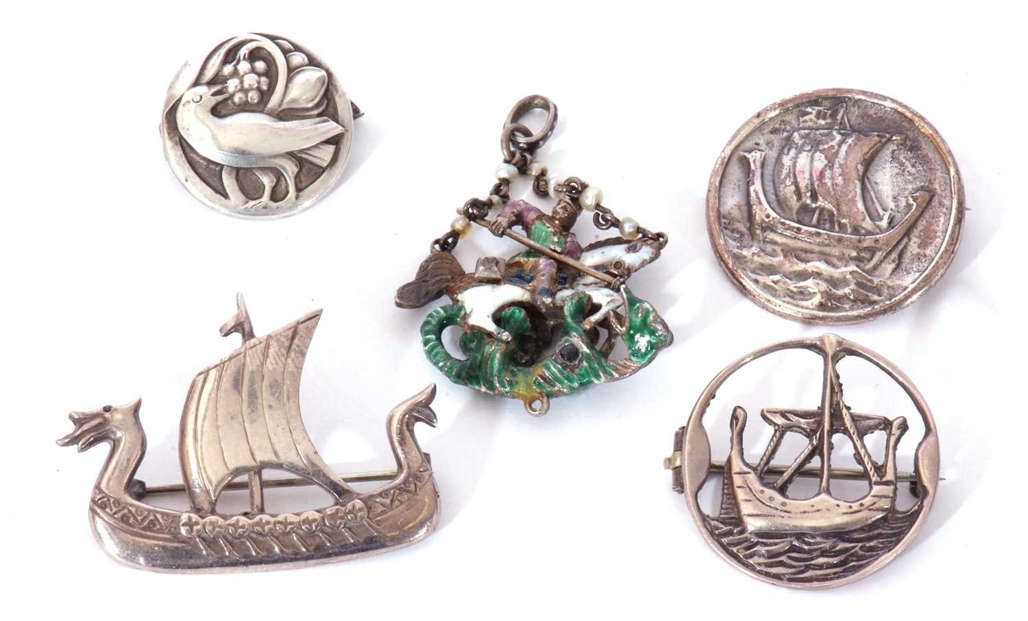 Mixed Lot: hallmarked silver Viking longboat brooch 'Edinburgh 1976', an openwork Scottish brooch