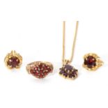 Mixed Lot: 9ct gold and garnet set pendant, 15 x 10mm, suspended on a 9ct gold box chain, a 9ct gold