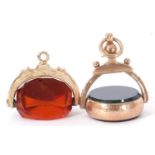 Mixed Lot: Victorian 9ct gold mounted and framed swivel fob with carnelian and bloodstone circular
