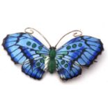 Art Nouveau enamel and silver butterfly brooch, the outstretched wings decorated in blues, green and