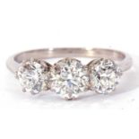 Three-stone diamond ring featuring three round cut graduated diamonds, total 0.75ct wt approx,