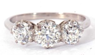 Three-stone diamond ring featuring three round cut graduated diamonds, total 0.75ct wt approx,