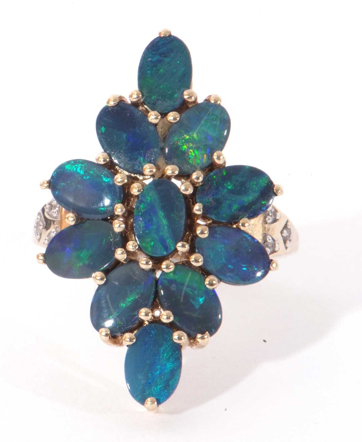 Modern 9ct gold black opal doublet dress ring, a lozenge design set with 11 opals, raised between - Image 2 of 10