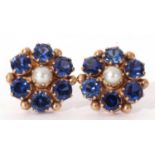 Pair of 9ct gold seed pearl and blue stone cluster earrings, centring a small split pearl surrounded