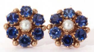 Pair of 9ct gold seed pearl and blue stone cluster earrings, centring a small split pearl surrounded