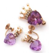 9ct gold amethyst brooch, the faceted heart shaped amethyst 15 x 12mm, four claw set below a seed