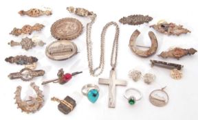 Small quantity of mainly antique silver brooches, modern cross pendant and chain stamped 925,
