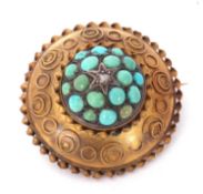 Victorian turquoise and diamond target brooch, circular shape, filigree detail, locket backed