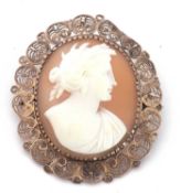 Vintage carved shell cameo brooch depicting a classical portrait figure, in an ornate filigree