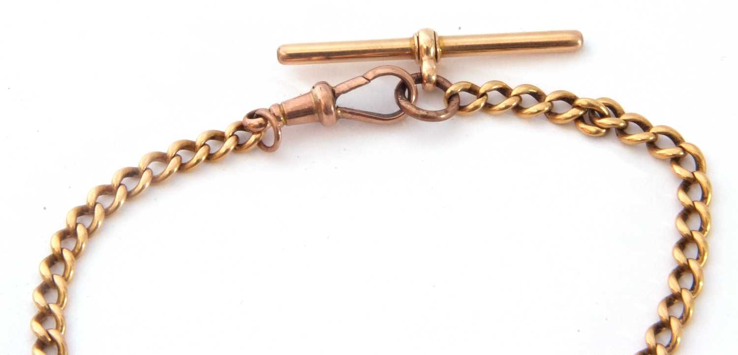 Yellow metal curb link watch chain with T-bar and clip fittings, 14.0gms, tested for 9ct gold - Image 2 of 4