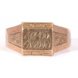 9ct gold gents signet ring of angular design, the centre engraved with initials, Birmingham 1939,
