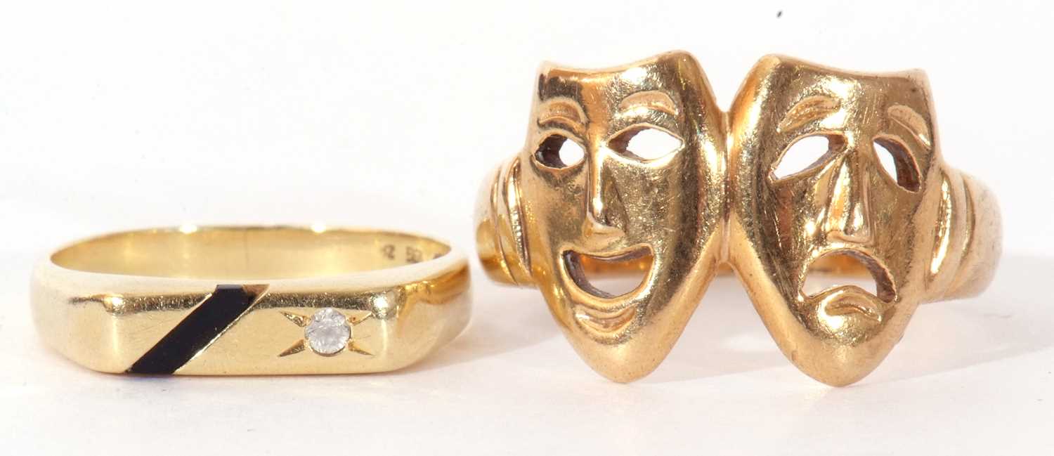 Mixed Lot: 9ct gold 'Comedy & Tragedy' mask ring, together with a 585 stamped designer ring set with