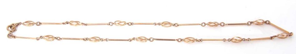9ct gold necklace, a design featuring bar and conical wire links, 22cm long, 10.2gms