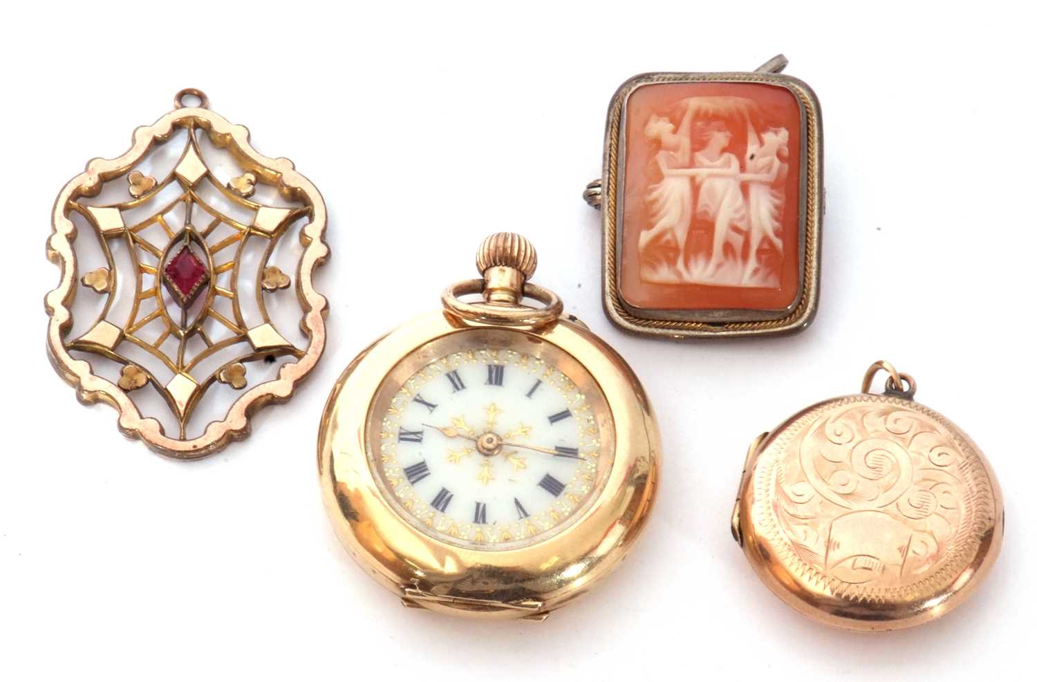 Mixed Lot: vintage round gold plated hinged locket, a white metal framed (800) cameo brooch, The - Image 2 of 8